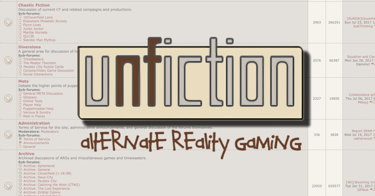 The Unfiction logo with the subtitle "Alternate Reality Gaming" superimposed against an image of the forum